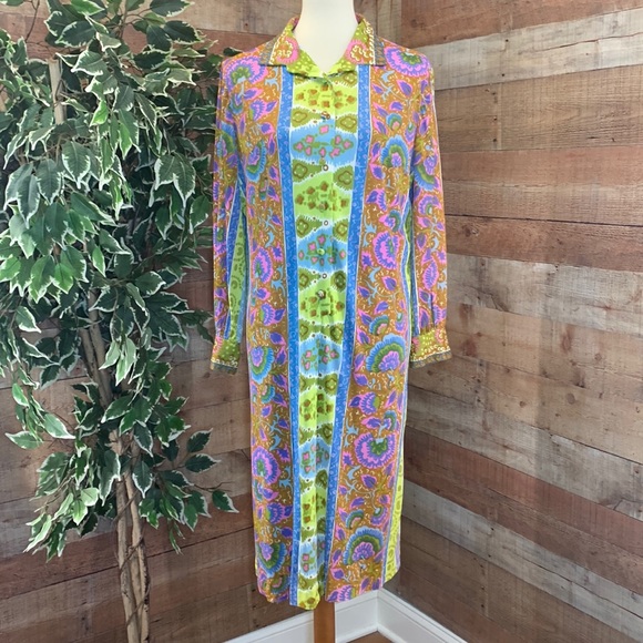 Vintage Dresses & Skirts - Vintage Earth Toned Geometric Print Wide Collar Button Front Shift Dress